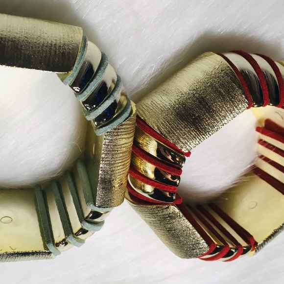 2 Chunky Bangle Vintage Suede 1980’s Bracelets Set - Picture 7 of 8